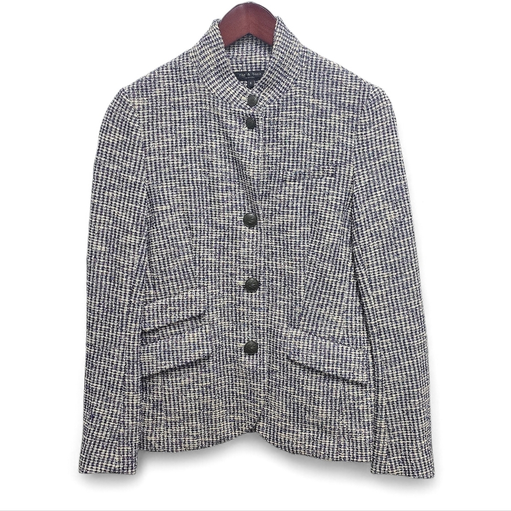 rag & bone Tweed Blazer Size 6 Navy Cream Collarless Crest Button Jacket - Picture 1 of 11